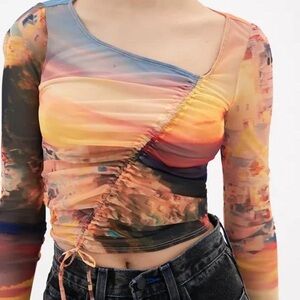 EUC Urban Outfitters Shona Abstract Mesh Sheer Cinched Long Sleeve Top XL